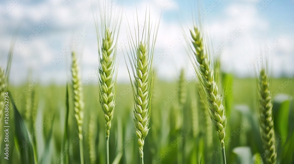 Green wheat field under sunny sky, agriculture Green wheat field under sunny sky, agriculture