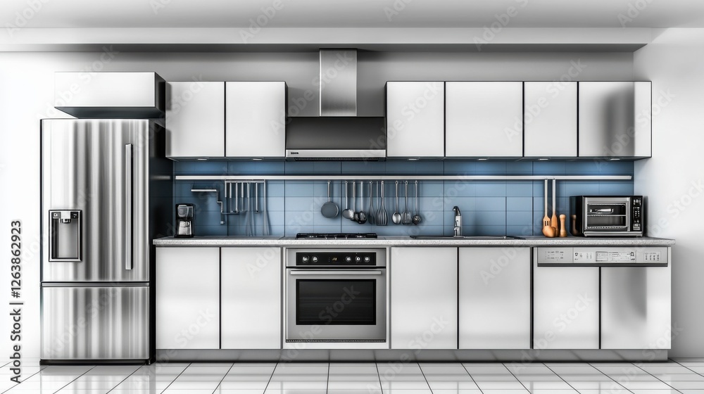Fototapeta premium Sleek Modern Kitchen Design with Stainless Steel Appliances and Blue Mosaic Tile Backsplash