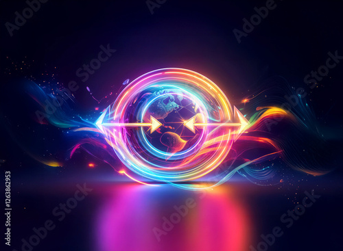 Wallpaper Mural Vibrant glowing circle with arrows in the center, bursts with colorful light trails and sparkles on a dark backdrop. Abstract and dynamic design. Torontodigital.ca