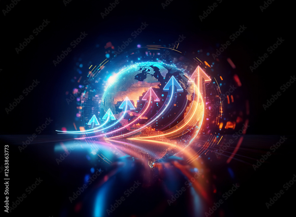 A luminous globe with bright arrows pointing upwards symbolizes global progress. Futuristic style digital art with vibrant neon lights against a dark backdrop. A luminous globe with bright arrows pointing upwards symbolizes global progress. Futuristic style digital art with vibrant neon lights against a dark backdrop.