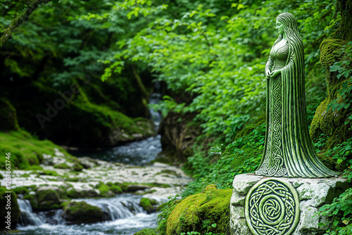 Statue of Danu, Celtic earth mother goddess of nature, Tuatha Dé Danann, copyspace, Ireland mythology