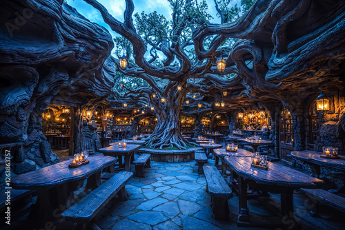 Magical fantasy cafe restaurant interior, large tree, ambience photo