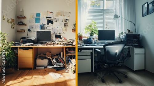 Cluttered workspace contrasts with tidy organized environment in a split interior view that showcases the difference in style. Generative AI