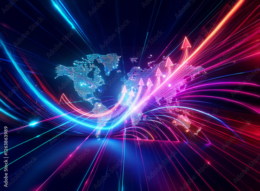 Fototapeta premium Vibrant digital world map with upward arrows and light trails, conveying global expansion and technological progress in a dynamic, futuristic style.