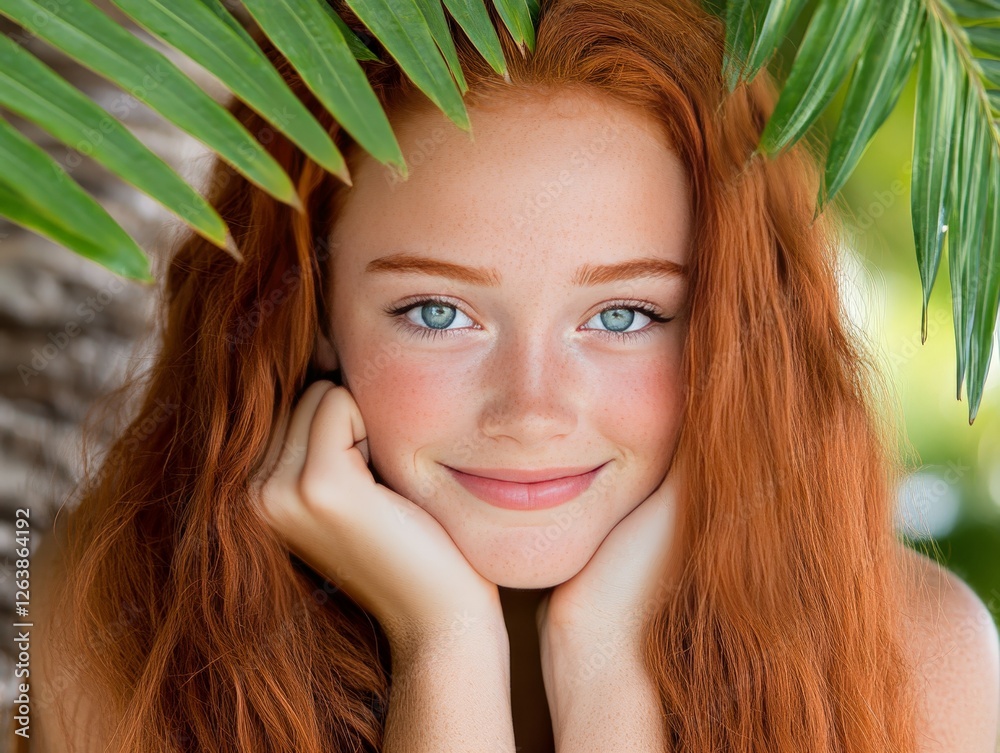 Naklejka premium Young red haired woman with bright green eyes smiling through lush tropical leaves, radiating joy, natural beauty, vibrant energy, and youthful optimism