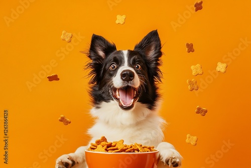 Happy Border Collie dog with paws on an orange bowl full of dog biscuits against an orange background. photo