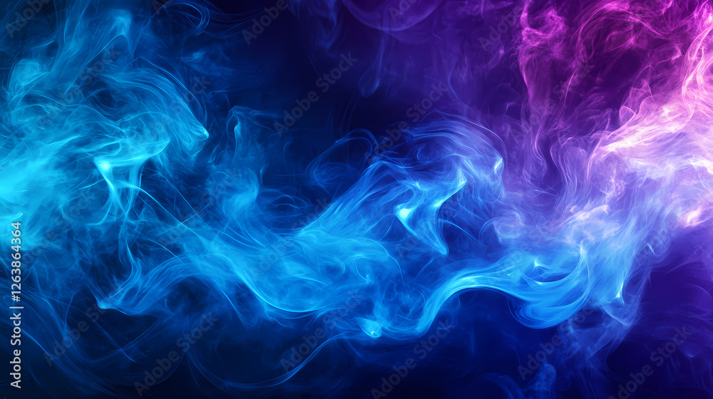 Fototapeta premium Iridescent mist swirls in blue and purple hues amidst a darkening landscape, blue smoke, smoky skies. Opalescent Skies. Illustration