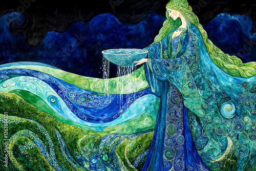 Danu, Celtic earth mother goddess of nature, with overflowing bowl of water, Tuatha Dé Danann, Ireland mythology