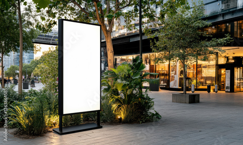 A blank advertising sign stands prominently in an outdoor shopping district, surrounded by lush plants and contemporary buildings, ready for branding displays.