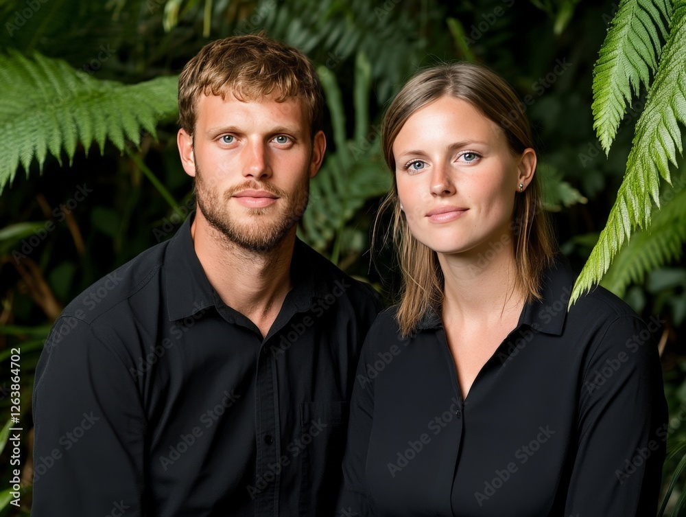 Fototapeta premium Young couple in black clothing standing against a lush green background, exuding love, unity, companionship, and a modern sense of connection and togetherness