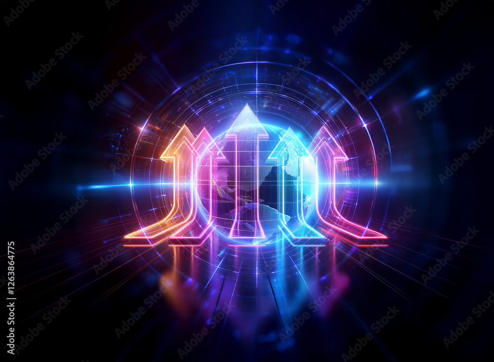 Fototapeta premium Neon abstract arrows design with circles in a dark space. Arrows point up and down, glowing in blue, pink, and orange colors.