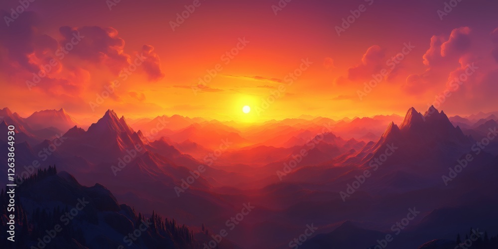 A majestic mountain range under a fiery orange-red sunset, with the sun central amid cloud-filled skies, creating a vibrant digital illustration A majestic mountain range under a fiery orange-red sunset, with the sun central amid cloud-filled skies, creating a vibrant digital illustration