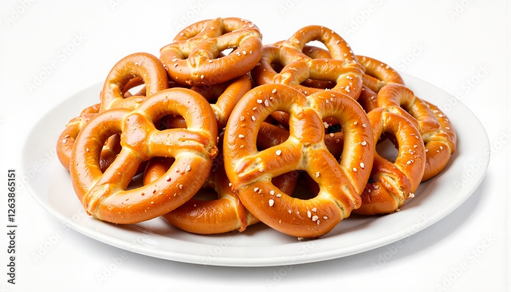 Plate of golden brown pretzels with salt, isolated on white background, great for food ads. Plate of golden brown pretzels with salt, isolated on white background, great for food ads.