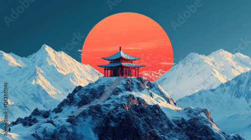 Majestic mountain landscape featuring traditional pagoda under vibrant sunset. Snow capped peaks surround serene structure, creating tranquil and picturesque scene