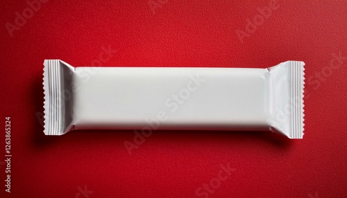 Snack bar or candy wrapper white plastic blank mockup for brand product, red background  photo