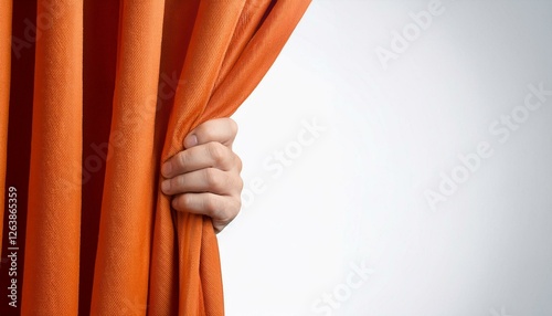 Human hand opening orange curtain with white background