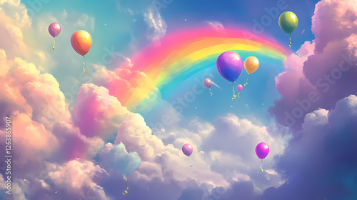 Vibrant rainbow arches over iridescent clouds and colorful balloons in a dreamy sky. Opalescent Skies. Illustration photo