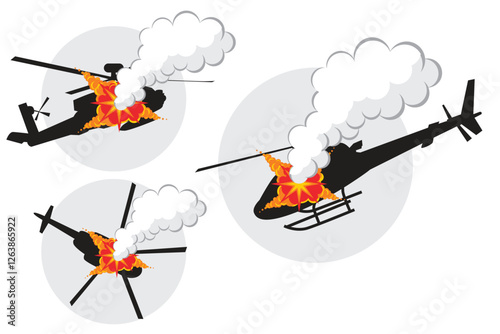 Vector of a military helicopter exploding by a bomb. Silhouette illustration of a tense war