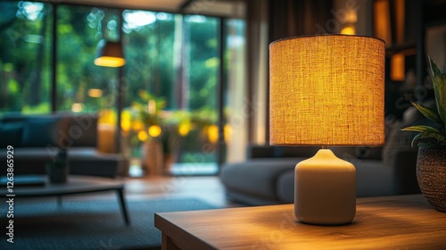 Elegant Table Lamp Illuminating Cozy Living Room with Plants and Soft Furniture in Modern Interior Design