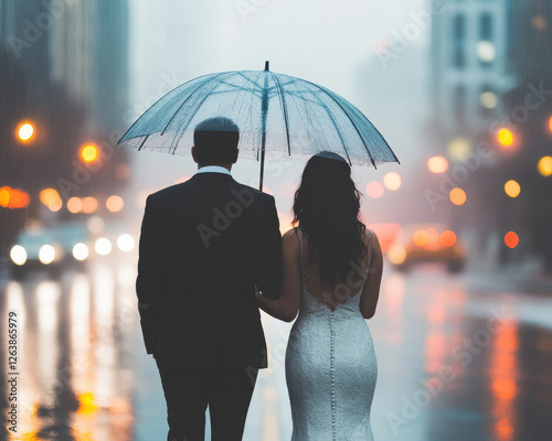 romantic couple sharing umbrella in rain, walking in city. atmosphere is filled with love and intimacy