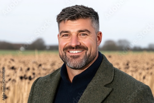 Confident middle aged bearded man in tailored coat standing in rural landscape with blurred background, exuding charisma, success, and timeless elegance in professional portrait