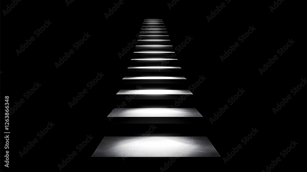 surreal white centered flying led light steps leading high up solid black background nothing but the steps surreal white centered flying led light steps leading high up solid black background nothing but the steps