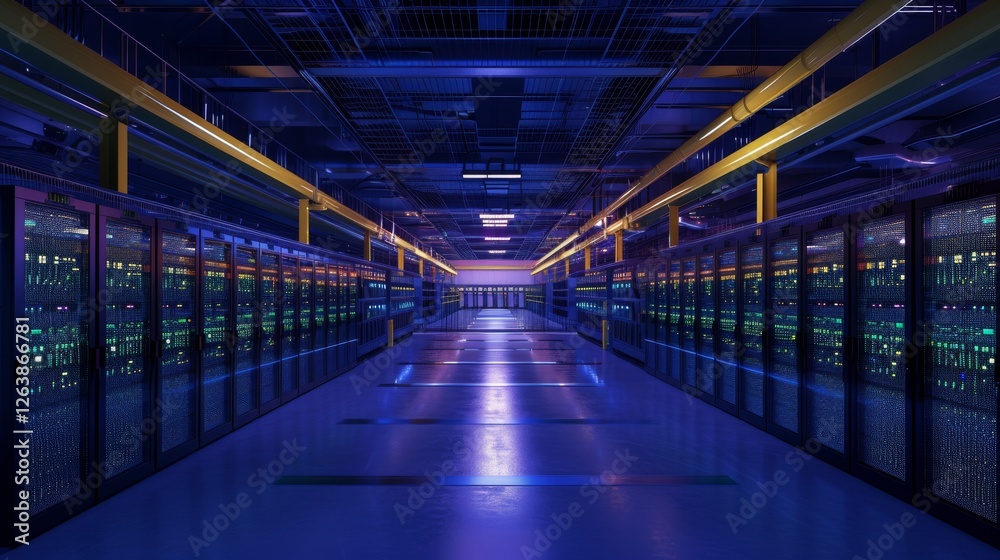 Fototapeta premium A symmetric view of a large server room filled with glowing racks, colorful lights, and reflective floors, emphasizing technological advancement and data management. AI generated.