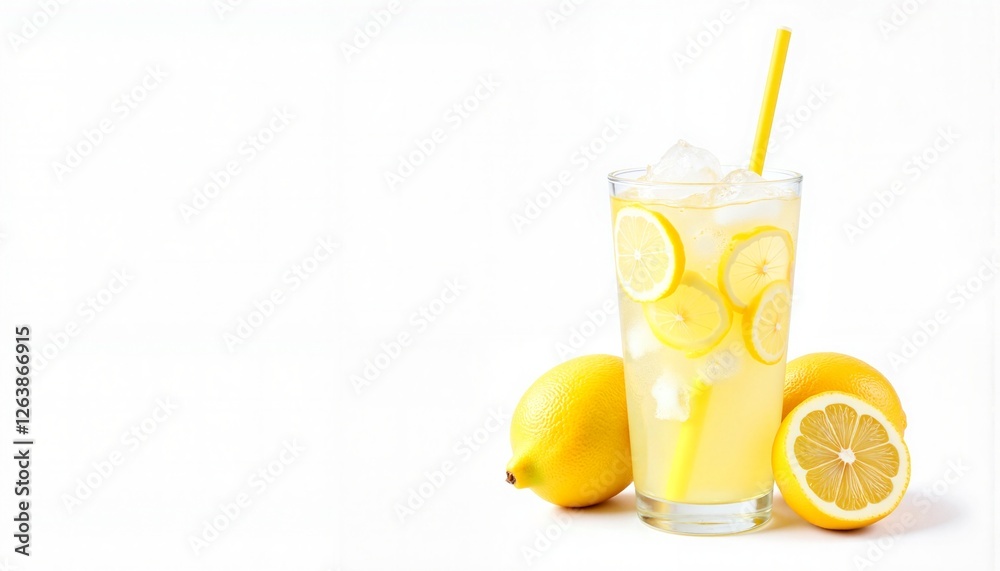 Refreshing glass of homemade lemonade with lemon slices and straw, isolated on white background. Refreshing glass of homemade lemonade with lemon slices and straw, isolated on white background.