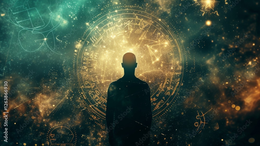 Fototapeta premium A lone figure stands illuminated by golden celestial symbols and swirling nebulae, creating a captivating mix of mysticism and cosmic wonder. AI generated.