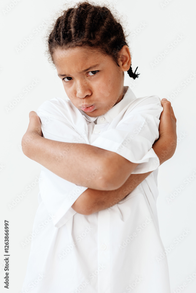 Confident young boy in stylish white shirt with arms crossed in casual pose Confident young boy in stylish white shirt with arms crossed in casual pose