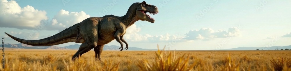 Fototapeta premium Large Tyrannosaurus Rex standing alone in a vast open field, dinosaur, animal, landscape