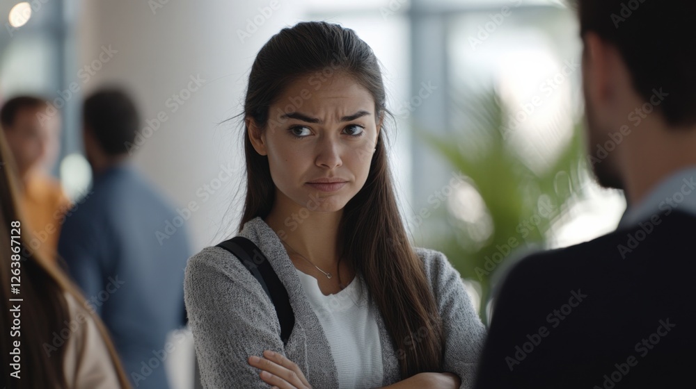 Obraz premium A participant stands with arms crossed visibly frustrated as another gestures emphatically during a highstakes discussion the edges of the frame fading into a soft blur that hints at