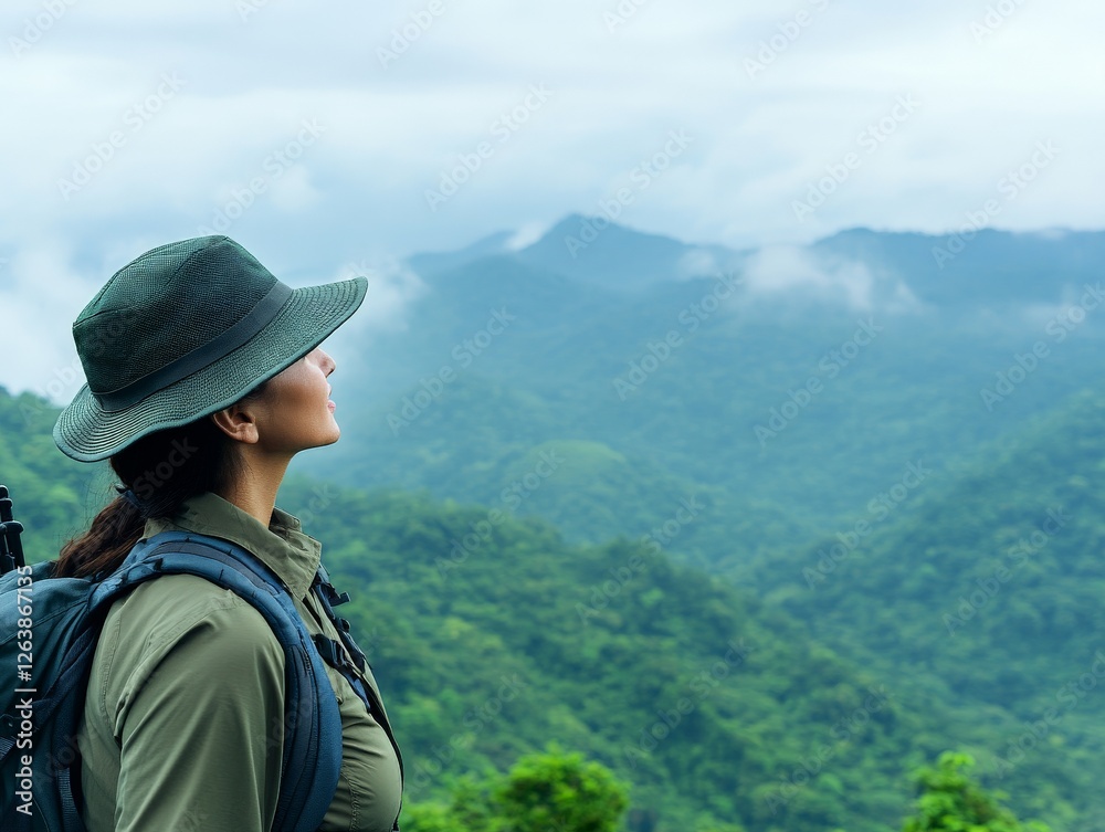 Naklejka premium Female traveler wearing bucket hat looking at misty mountain peaks, symbolizing adventure, solitude, and a deep longing for exploration in a tranquil, dreamlike wilderness setting