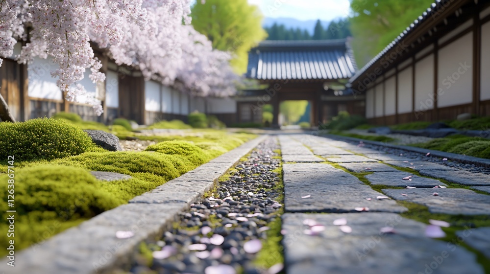Spring Path, Japanese Temple, Cherry Blossoms Spring Path, Japanese Temple, Cherry Blossoms