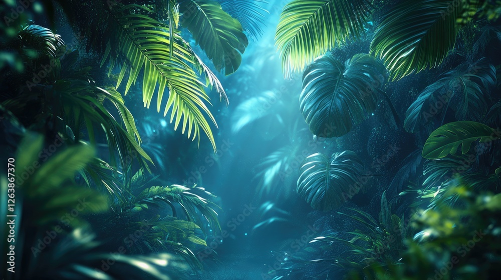 Fototapeta premium Lush tropical jungle scene, sunbeams, nature background, for wallpapers