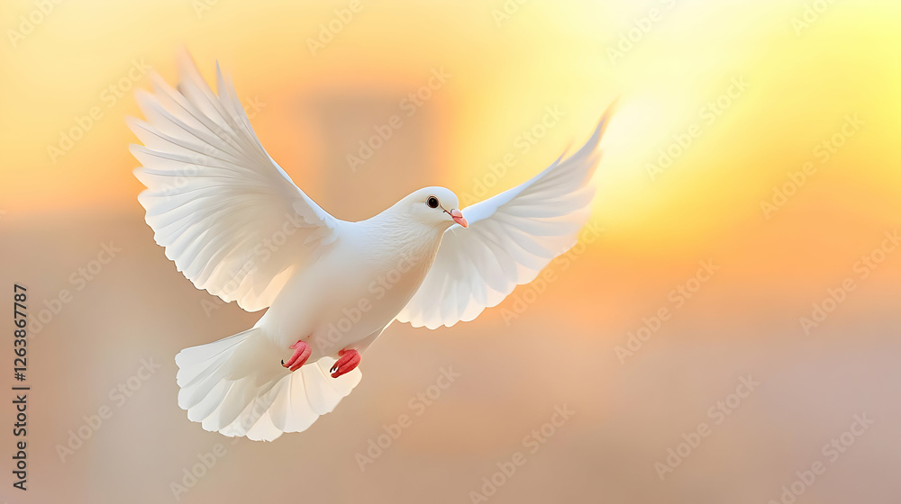 Fototapeta premium White dove flying with wings spread wide in the warm golden light of a sunset sky.