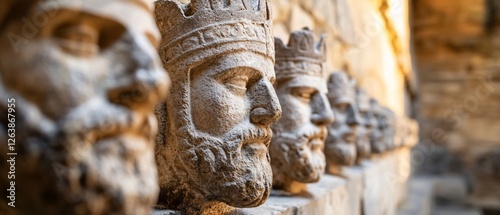 Stone king busts, ancient wall, sunlight, history