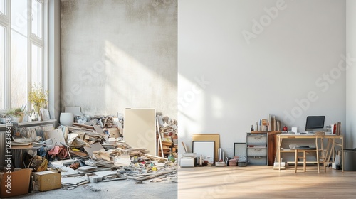 Cluttered versus tidy interior spaces highlighting the contrast between disorganization and cleanliness in daily life. Generative AI