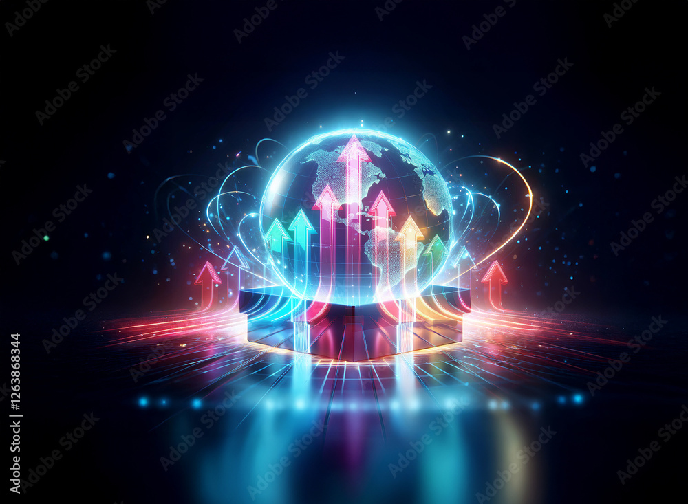 A luminous globe surrounded by vibrant neon arrows pointing upwards creates a dynamic and futuristic scene. Abstract light effects enhance the sense of motion and technological advancement. A luminous globe surrounded by vibrant neon arrows pointing upwards creates a dynamic and futuristic scene. Abstract light effects enhance the sense of motion and technological advancement.
