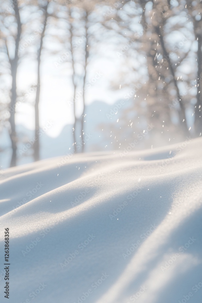 Obraz premium Snow drifts in a winter landscape, sunlight illuminating the snowy surface with trees and mountains in the background.