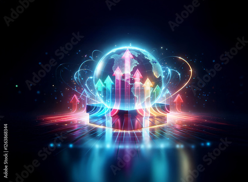 Wallpaper Mural A luminous globe surrounded by vibrant neon arrows pointing upwards creates a dynamic and futuristic scene.  Abstract light effects enhance the sense of motion and technological advancement. Torontodigital.ca