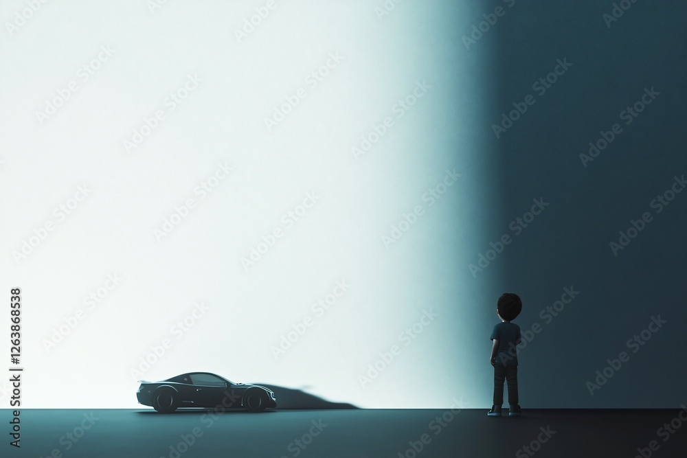 Obraz premium Boy gazes at a sports car under dramatic lighting.