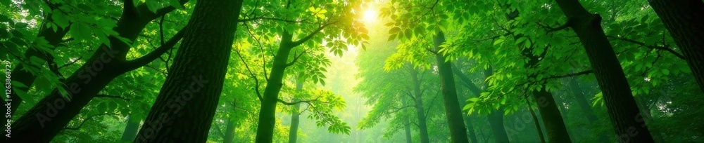 Obraz premium lush green forest canopy with sunlight filtering through leaves , greenspace, exposure, light