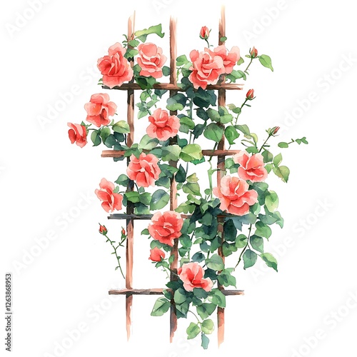 Watercolor Painting of Climbing Roses on a Wooden Trellis.