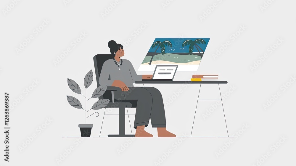 Fototapeta premium Stylized Woman Working from Home, Palm Trees on Screen, Flat Illustration, Muted Colors, Minimalist Composition, Clean and Modern Look, Vector Graphic