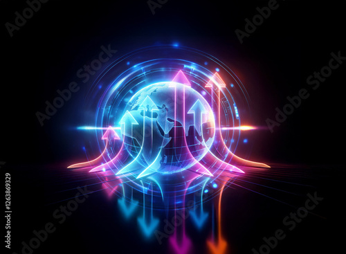 Wallpaper Mural A glowing globe surrounded by vibrant neon arrows pointing inwards and outwards against a dark backdrop, suggesting global connections and dynamic energy flow. Torontodigital.ca