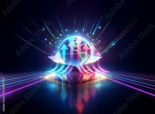 Wallpaper Mural Abstract sphere with arrows atop a cube, vibrant neon lights radiate with lines and rays of blue, pink, purple, and green in a futuristic style. Torontodigital.ca