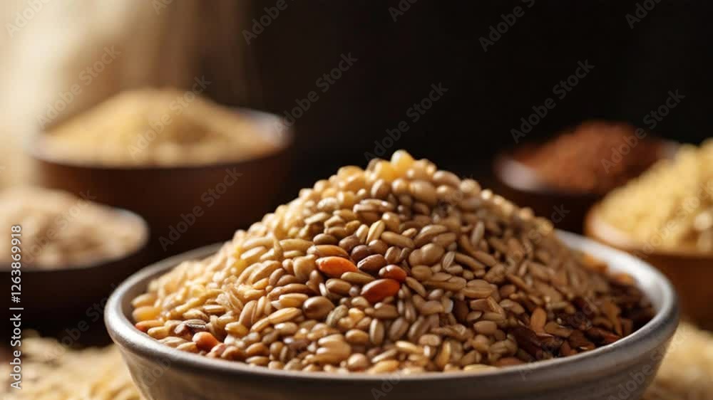 a bowl overflowing with a variety of whole grains. Brown rice, quinoa, oats, barley, and lentils	
