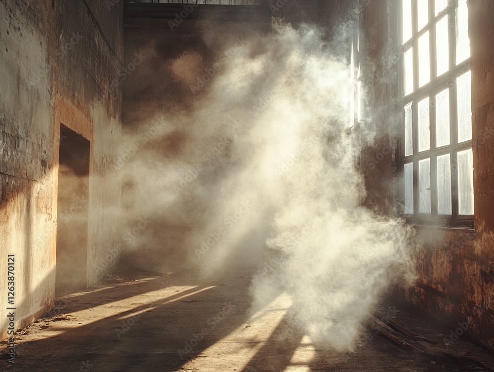 Sunlit smoky abandoned building interior Sunlit smoky abandoned building interior