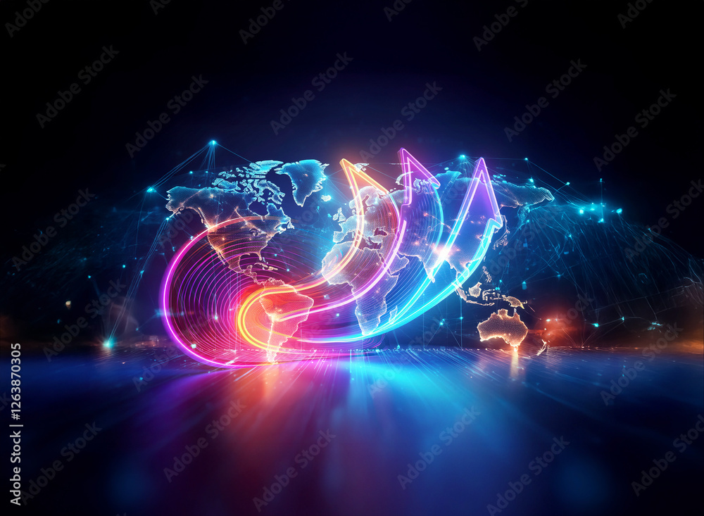 Fototapeta premium A vibrant, illuminated world map with glowing lines and arrows creates a futuristic digital network effect on a dark reflective surface.